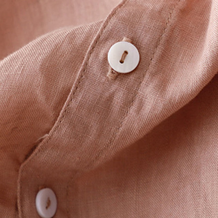 Buddha Stones Casual Plain Button Crew Ruffle Neck Short Sleeve Cotton Linen Women's Maxi Dress With Pockets