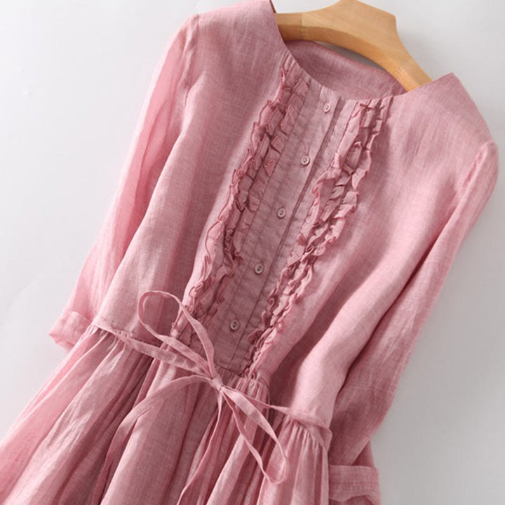 Buddha Stones Casual Plain Ruffle Design Short Sleeve Lace-Up Cotton Linen Women's Maxi Dress With Pockets