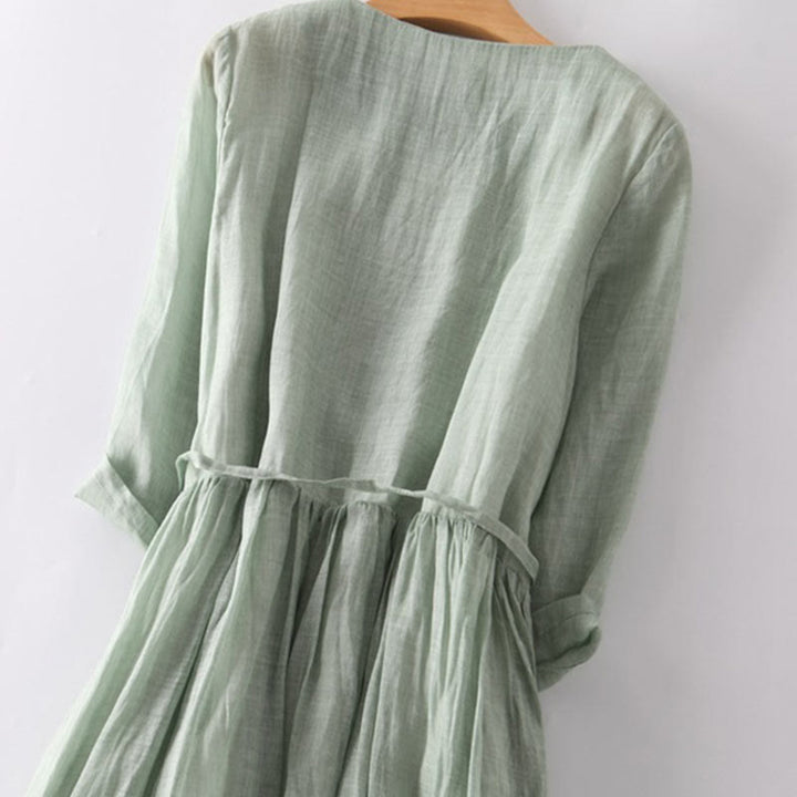 Buddha Stones Casual Plain Ruffle Design Short Sleeve Lace-Up Cotton Linen Women's Maxi Dress With Pockets