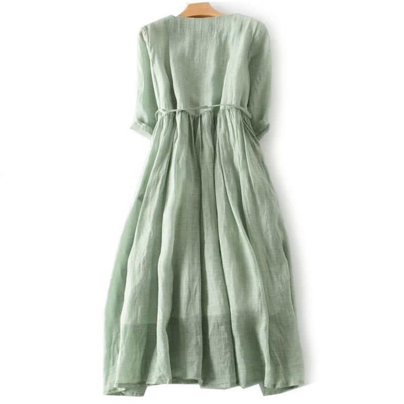 Buddha Stones Casual Plain Ruffle Design Short Sleeve Lace-Up Cotton Linen Women's Maxi Dress With Pockets