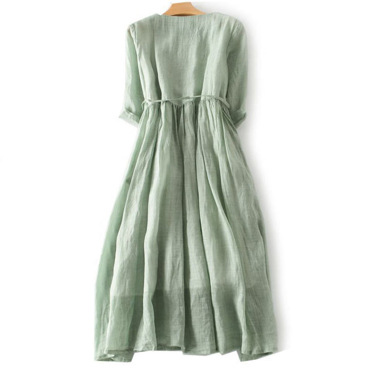 Buddha Stones Casual Plain Ruffle Design Short Sleeve Lace-Up Cotton Linen Women's Maxi Dress With Pockets