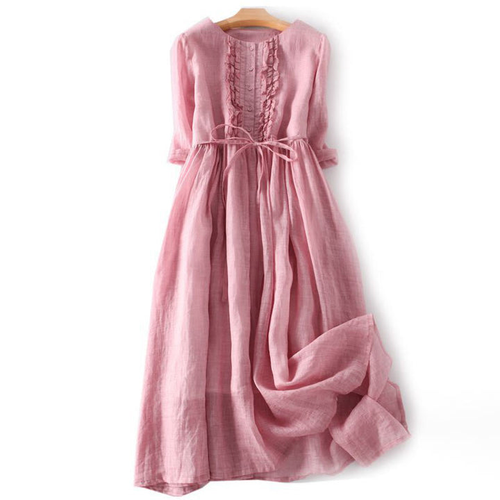 Buddha Stones Casual Plain Ruffle Design Short Sleeve Lace-Up Cotton Linen Women's Maxi Dress With Pockets