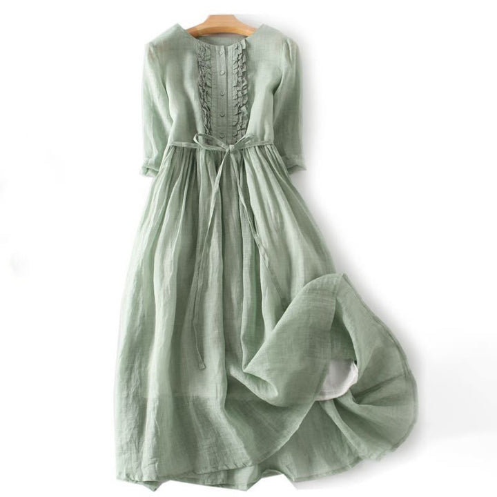 Buddha Stones Casual Plain Ruffle Design Short Sleeve Lace-Up Cotton Linen Women's Maxi Dress With Pockets