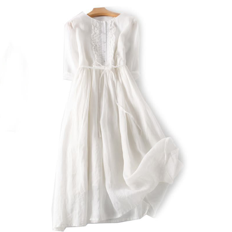 Buddha Stones Casual Plain Ruffle Design Short Sleeve Lace-Up Cotton Linen Women's Maxi Dress With Pockets