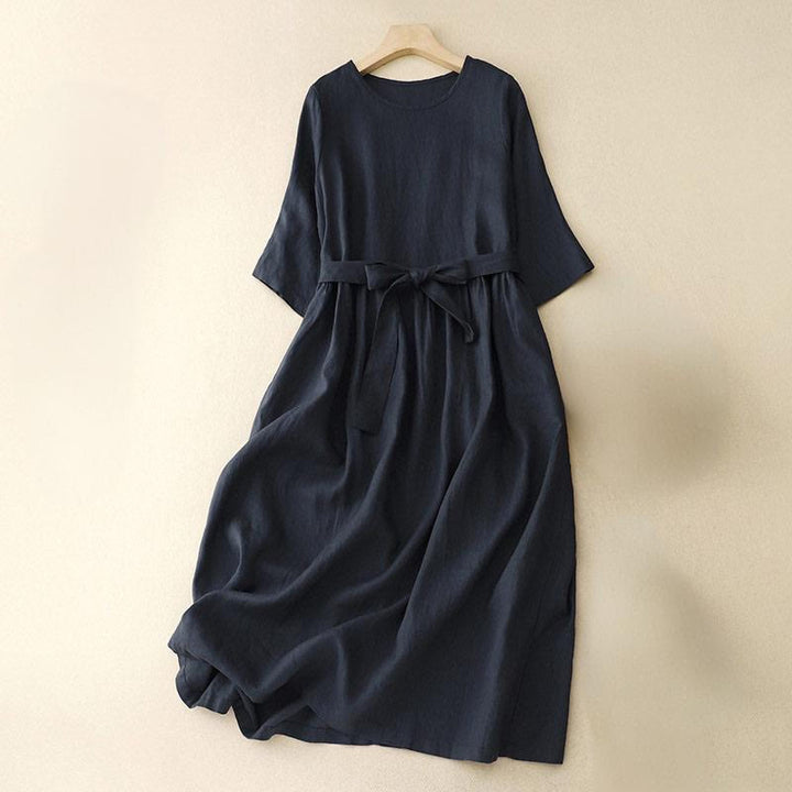 Buddha Stones Summer Pure Color Three Quarter Sleeve Lace-Up Cotton Linen Women's Maxi Dress With Pockets