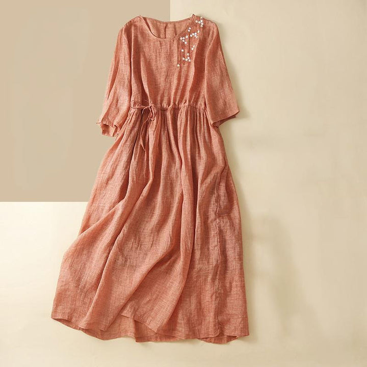 Buddha Stones Summer Pure Color Embroidery Half Sleeve Drawstring Cotton Linen Women's Maxi Dress With Pockets
