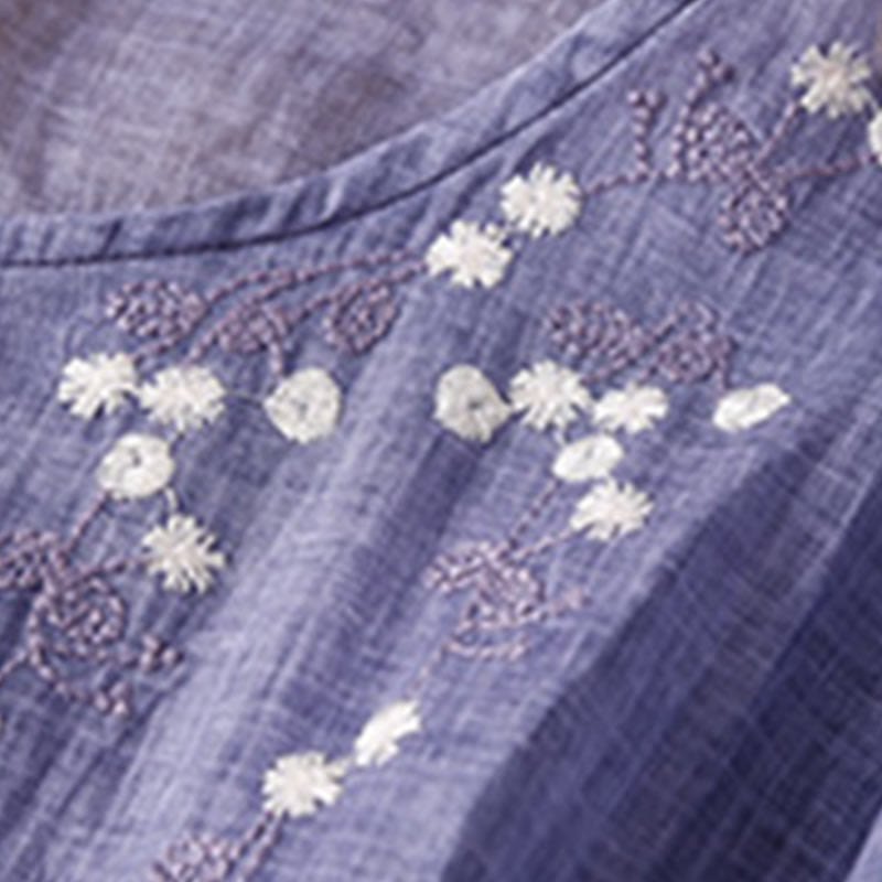 Buddha Stones Summer Pure Color Embroidery Half Sleeve Drawstring Cotton Linen Women's Maxi Dress With Pockets