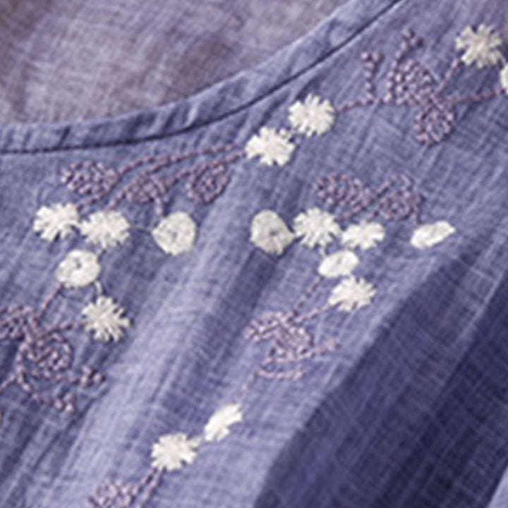 Buddha Stones Summer Pure Color Embroidery Half Sleeve Drawstring Cotton Linen Women's Maxi Dress With Pockets
