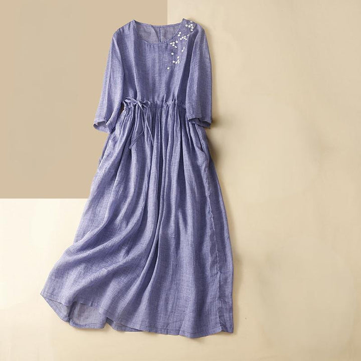 Buddha Stones Summer Pure Color Embroidery Half Sleeve Drawstring Cotton Linen Women's Maxi Dress With Pockets