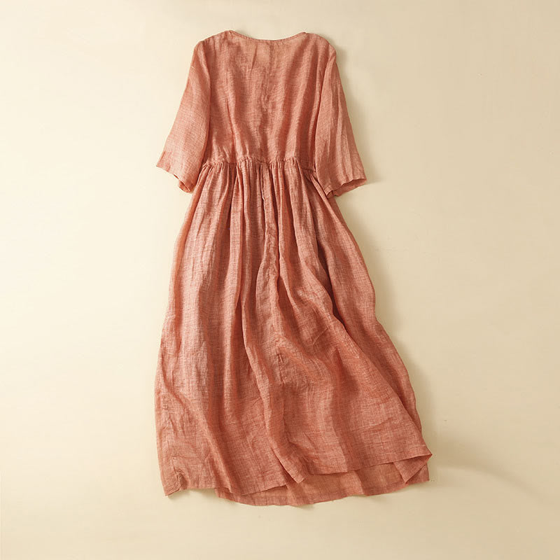 Buddha Stones Summer Pure Color Embroidery Half Sleeve Drawstring Cotton Linen Women's Maxi Dress With Pockets