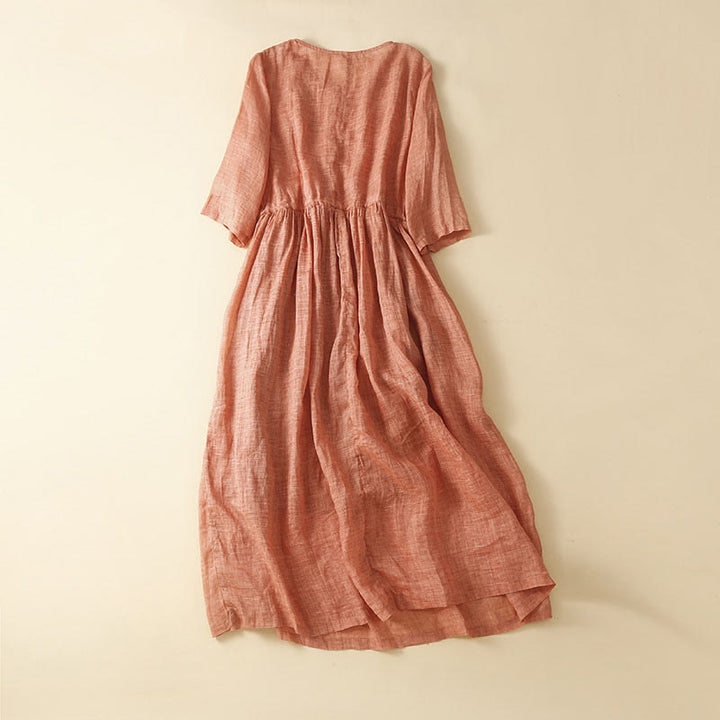 Buddha Stones Summer Pure Color Embroidery Half Sleeve Drawstring Cotton Linen Women's Maxi Dress With Pockets