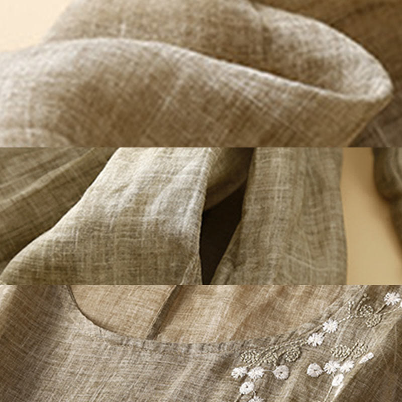 Buddha Stones Summer Pure Color Embroidery Half Sleeve Drawstring Cotton Linen Women's Maxi Dress With Pockets