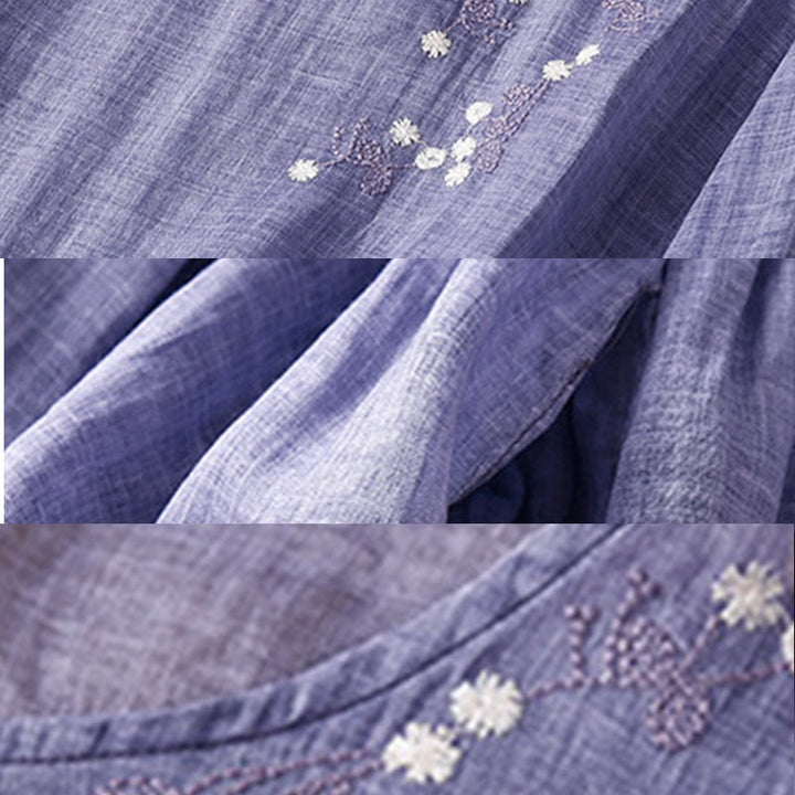 Buddha Stones Summer Pure Color Embroidery Half Sleeve Drawstring Cotton Linen Women's Maxi Dress With Pockets