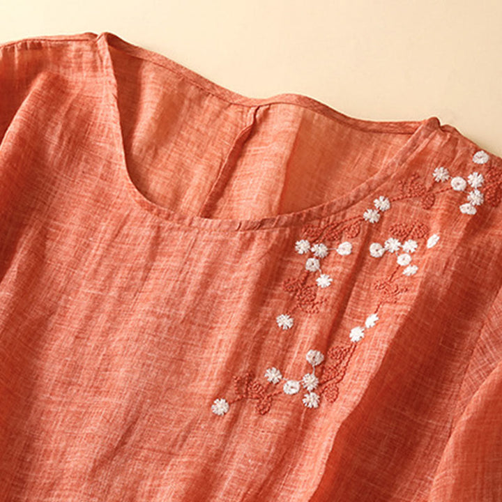 Buddha Stones Summer Pure Color Embroidery Half Sleeve Drawstring Cotton Linen Women's Maxi Dress With Pockets