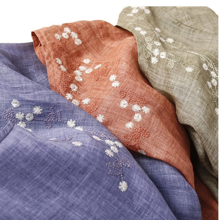 Buddha Stones Summer Pure Color Embroidery Half Sleeve Drawstring Cotton Linen Women's Maxi Dress With Pockets