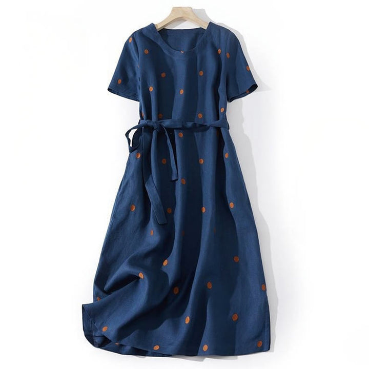 Buddha Stones Casual Dot Pattern Short Sleeve Lace-up Cotton Linen Women's Maxi Dress With Pockets