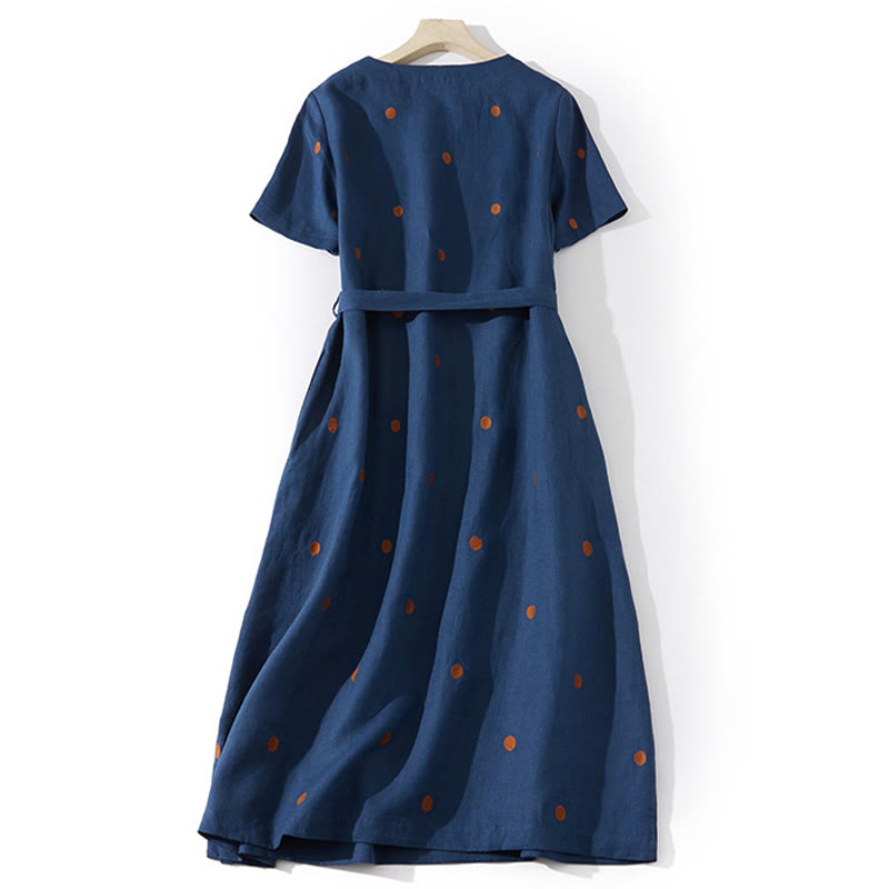 Buddha Stones Casual Dot Pattern Short Sleeve Lace-up Cotton Linen Women's Maxi Dress With Pockets