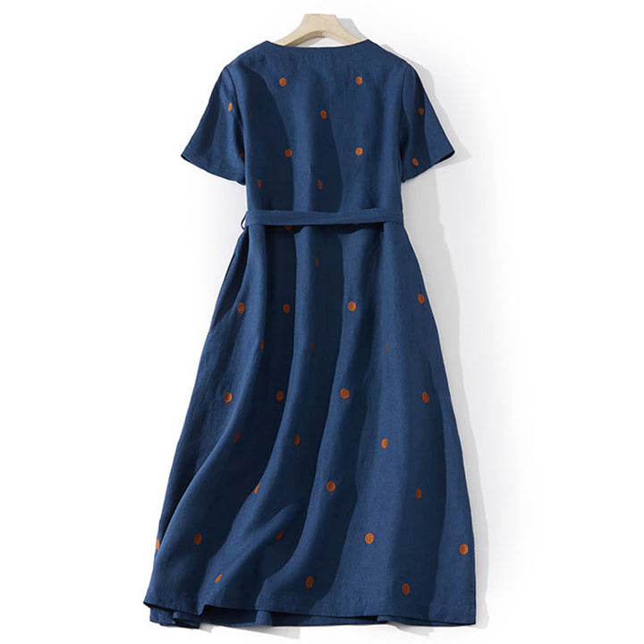 Buddha Stones Casual Dot Pattern Short Sleeve Lace-up Cotton Linen Women's Maxi Dress With Pockets