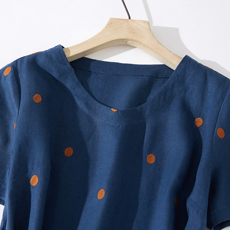 Buddha Stones Casual Dot Pattern Short Sleeve Lace-up Cotton Linen Women's Maxi Dress With Pockets