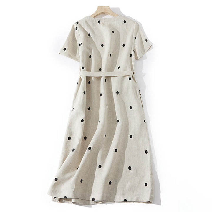 Buddha Stones Casual Dot Pattern Short Sleeve Lace-up Cotton Linen Women's Maxi Dress With Pockets
