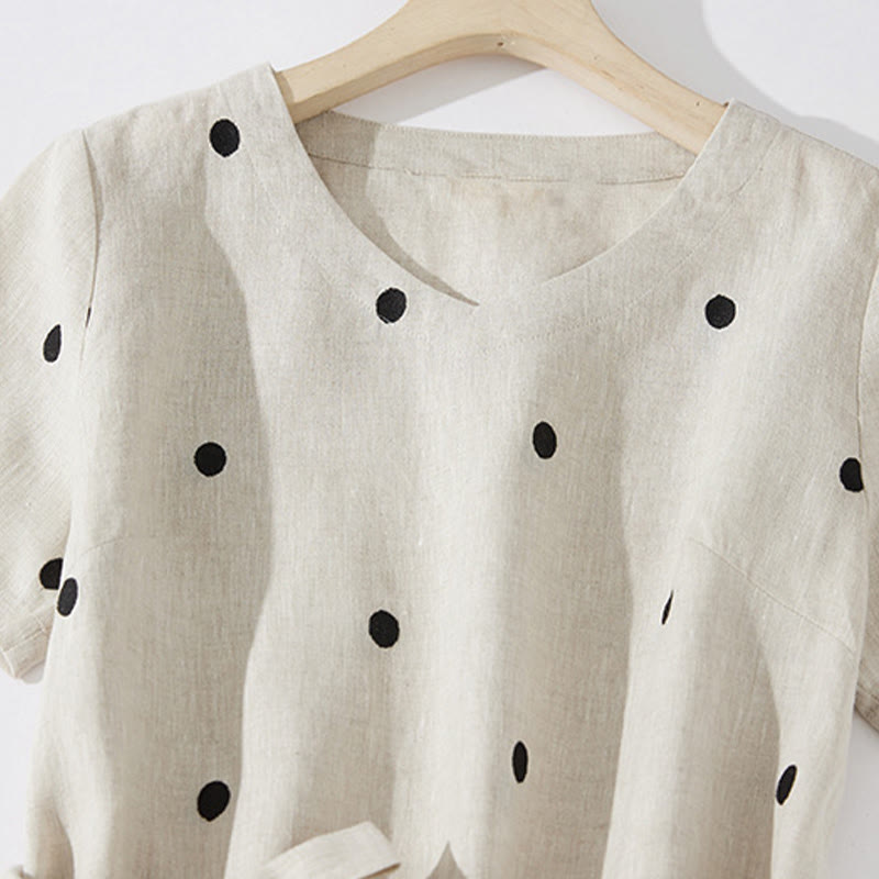 Buddha Stones Casual Dot Pattern Short Sleeve Lace-up Cotton Linen Women's Midi Dress With Pockets - image 14