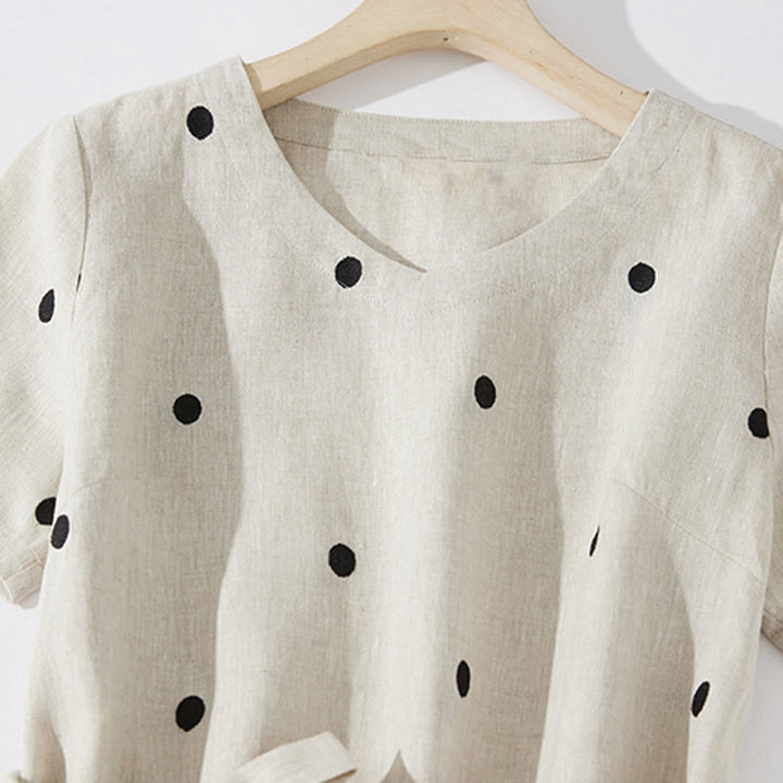 Buddha Stones Casual Dot Pattern Short Sleeve Lace-up Cotton Linen Women's Midi Dress With Pockets - image 14