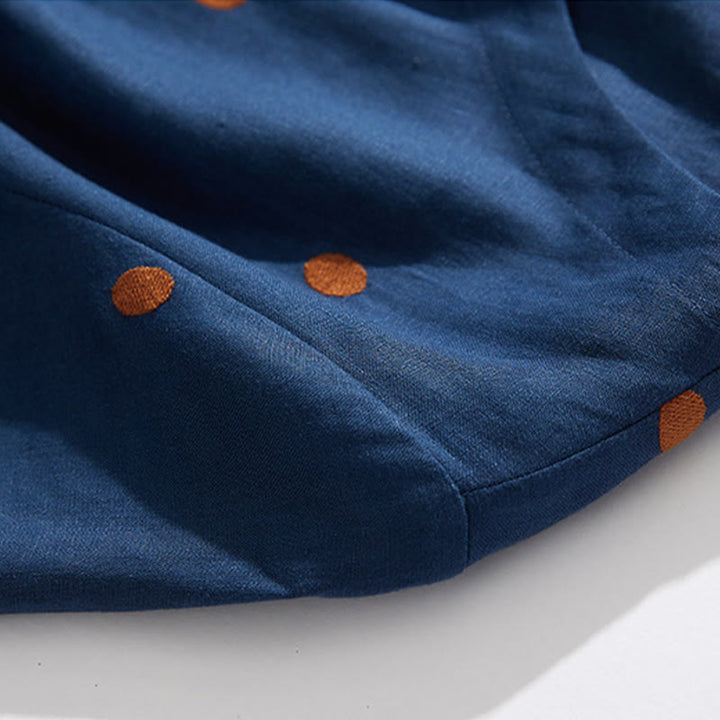 Buddha Stones Casual Dot Pattern Short Sleeve Lace-up Cotton Linen Women's Maxi Dress With Pockets