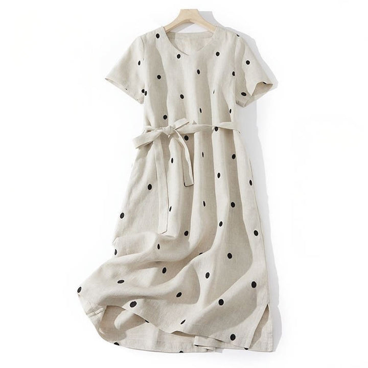 Buddha Stones Casual Dot Pattern Short Sleeve Lace-up Cotton Linen Women's Maxi Dress With Pockets