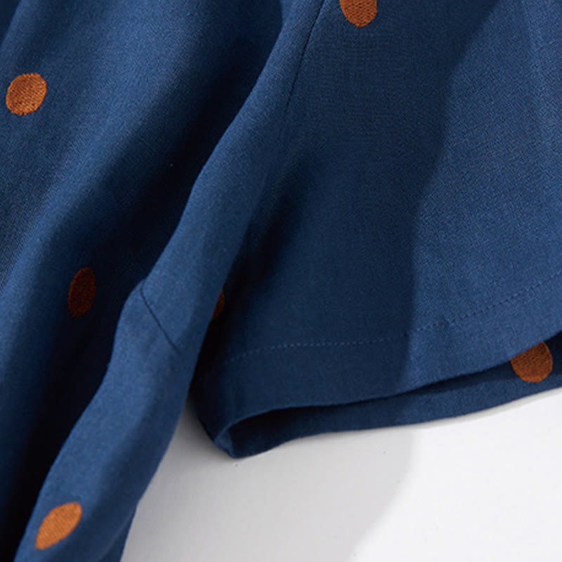 Buddha Stones Casual Dot Pattern Short Sleeve Lace-up Cotton Linen Women's Maxi Dress With Pockets