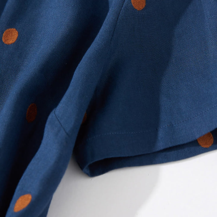 Buddha Stones Casual Dot Pattern Short Sleeve Lace-up Cotton Linen Women's Maxi Dress With Pockets