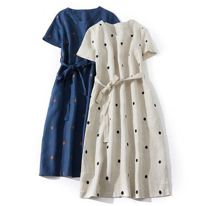 Buddha Stones Casual Dot Pattern Short Sleeve Lace-up Cotton Linen Women's Maxi Dress With Pockets