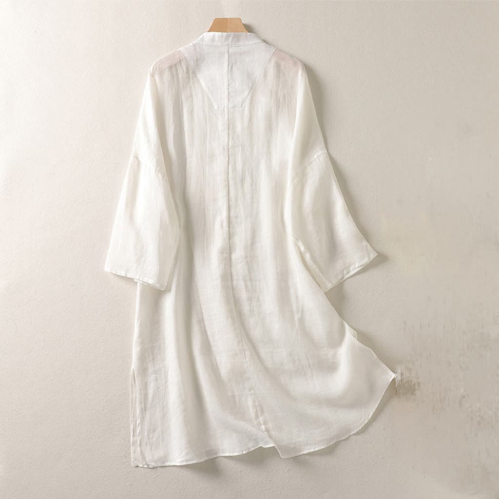 Buddha Stones Plain Frog-Button Long Sleeve Cotton Linen Women's Maxi Dress With Pockets