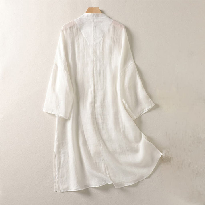 Buddha Stones Plain Frog-Button Long Sleeve Cotton Linen Women's Maxi Dress With Pockets
