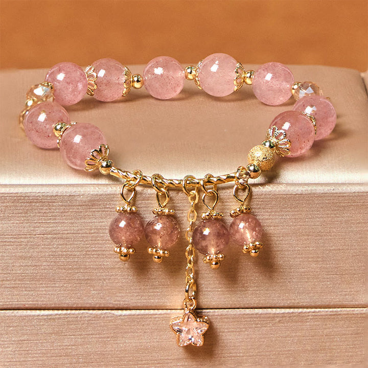 Buddha Stones Natural Strawberry Quartz Four Leaf Clover Star Positive Bracelet