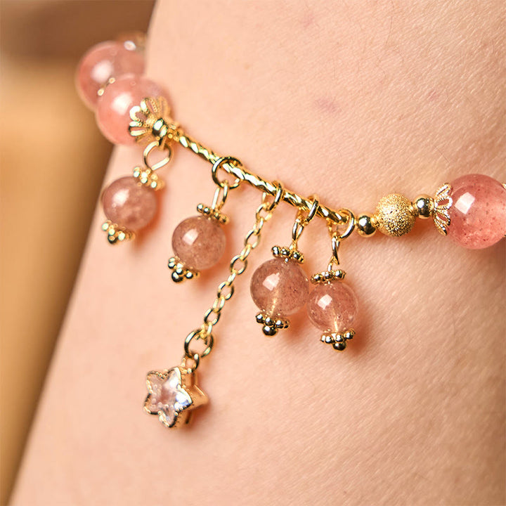 Buddha Stones Natural Strawberry Quartz Four Leaf Clover Star Positive Bracelet