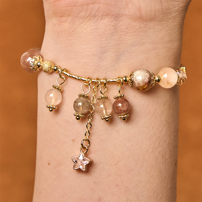 Buddha Stones Natural Colored Yellow Rutilated Quartz Four Leaf Clover Star Auspiciousness Bracelet