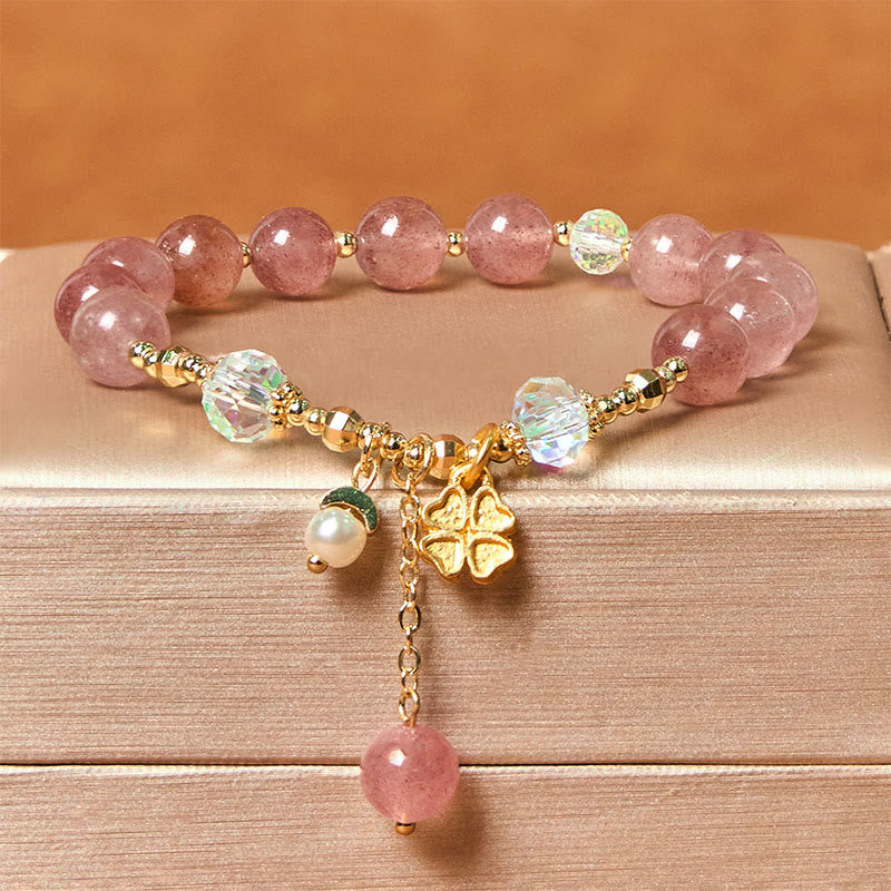 Buddha Stones Natural Strawberry Quartz Four Leaf Clover Healing Bracelet