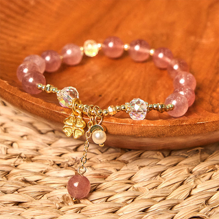 Buddha Stones Natural Strawberry Quartz Four Leaf Clover Healing Bracelet