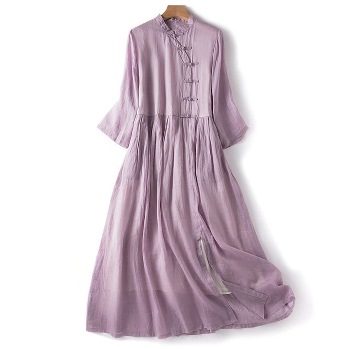 Buddha Stones Casual Plain Frog-Button Three Quarter Sleeve Stand Collar Cotton Linen Women's Maxi Dress