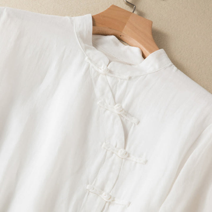 Buddha Stones Casual Plain Frog-Button Three Quarter Sleeve Stand Collar Cotton Linen Women's Maxi Dress
