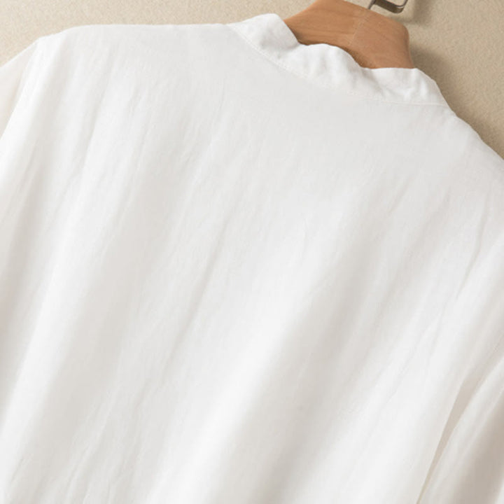Buddha Stones Casual Plain Frog-Button Three Quarter Sleeve Stand Collar Cotton Linen Women's Maxi Dress