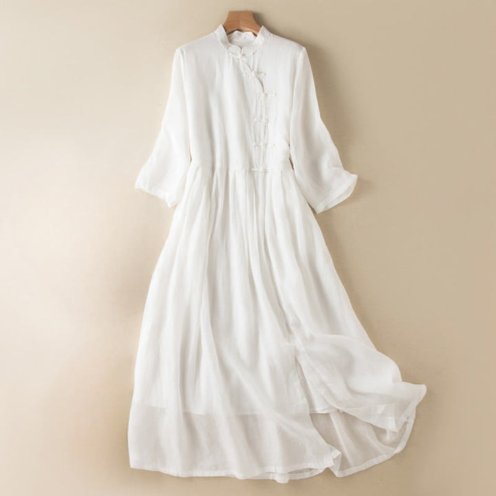Buddha Stones Casual Plain Frog-Button Three Quarter Sleeve Stand Collar Cotton Linen Women's Maxi Dress