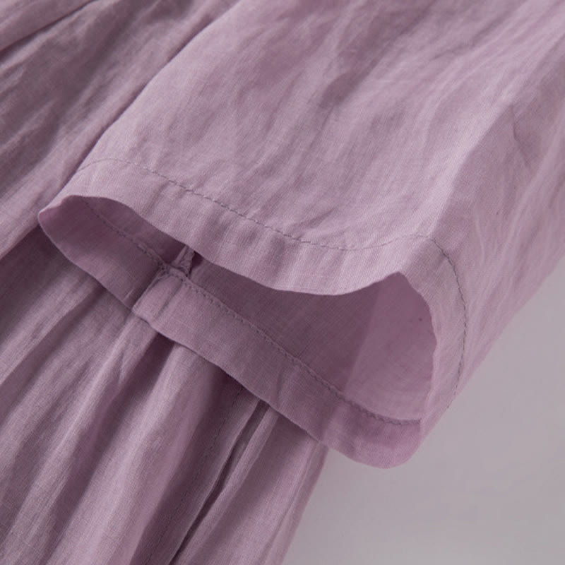 Buddha Stones Casual Plain Frog-Button Three Quarter Sleeve Stand Collar Cotton Linen Women's Maxi Dress