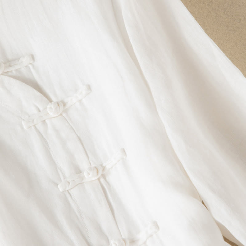 Buddha Stones Casual Plain Frog-Button Three Quarter Sleeve Stand Collar Cotton Linen Women's Maxi Dress