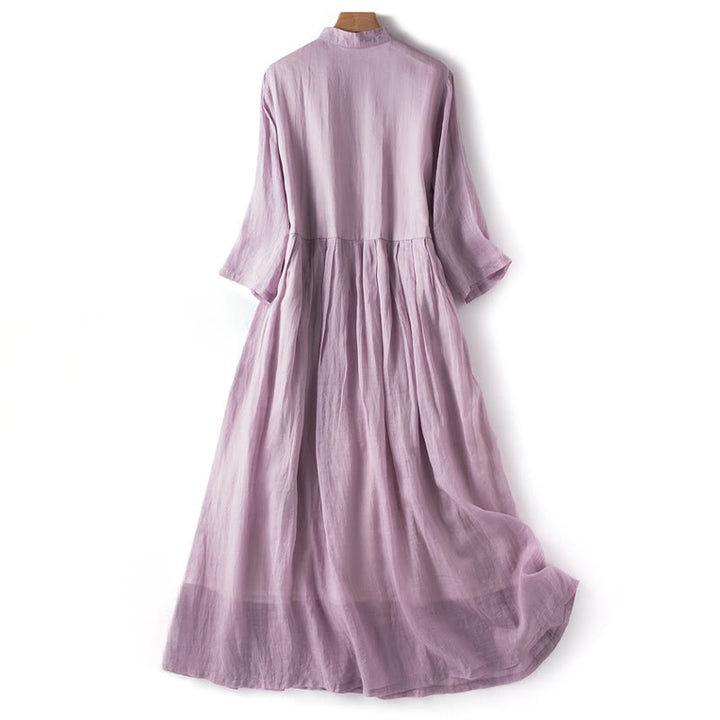 Buddha Stones Casual Plain Frog-Button Three Quarter Sleeve Stand Collar Cotton Linen Women's Maxi Dress