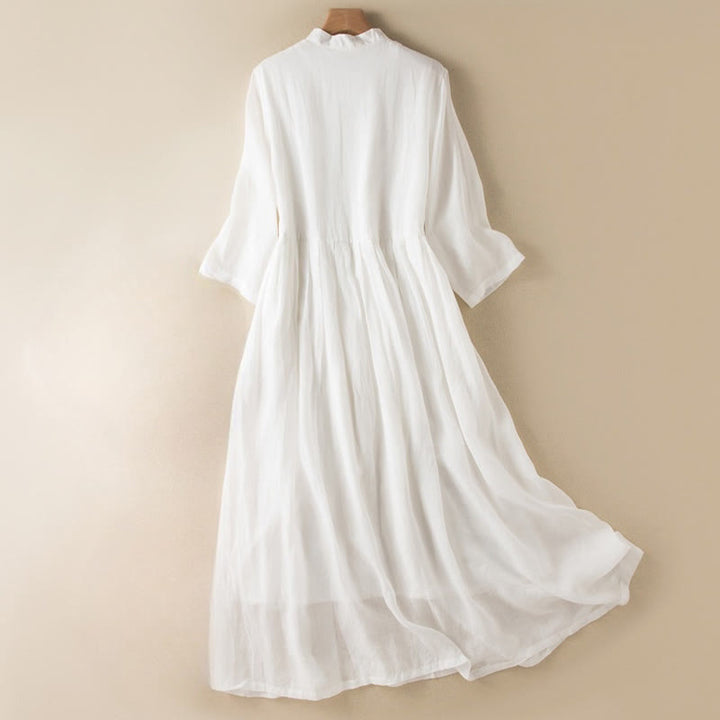 Buddha Stones Casual Plain Frog-Button Three Quarter Sleeve Stand Collar Cotton Linen Women's Maxi Dress