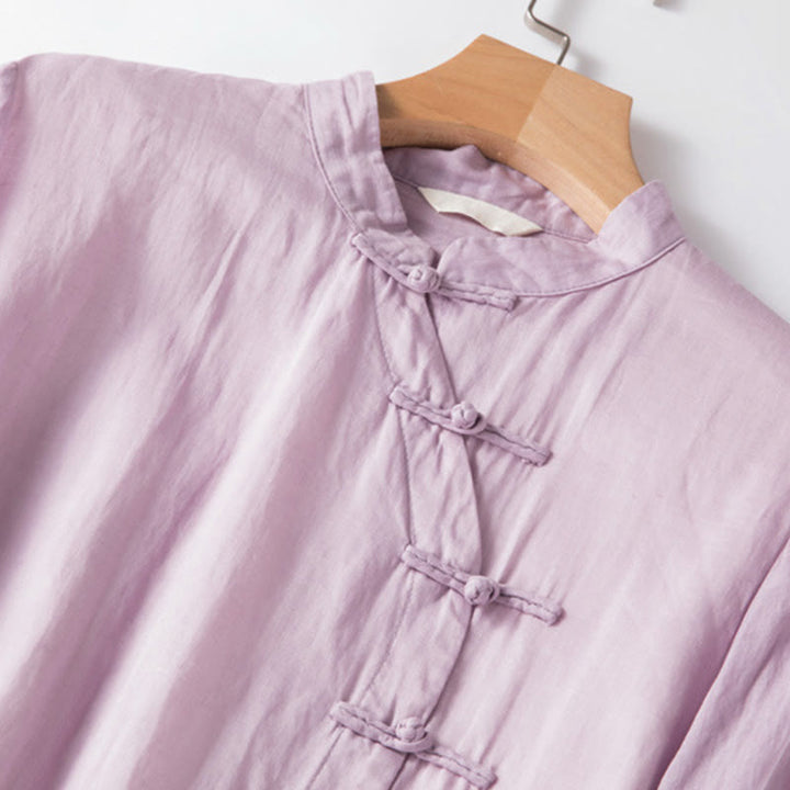 Buddha Stones Casual Plain Frog-Button Three Quarter Sleeve Stand Collar Cotton Linen Women's Maxi Dress