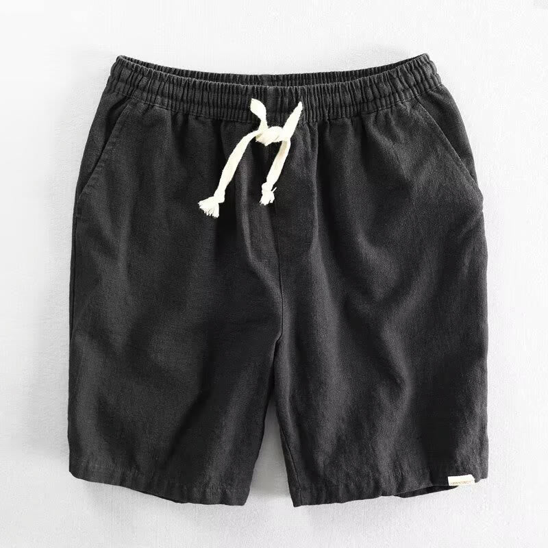 Buddha Stones Drawstring Elastic Waist Cropped Cotton Linen Men's Shorts With Pockets