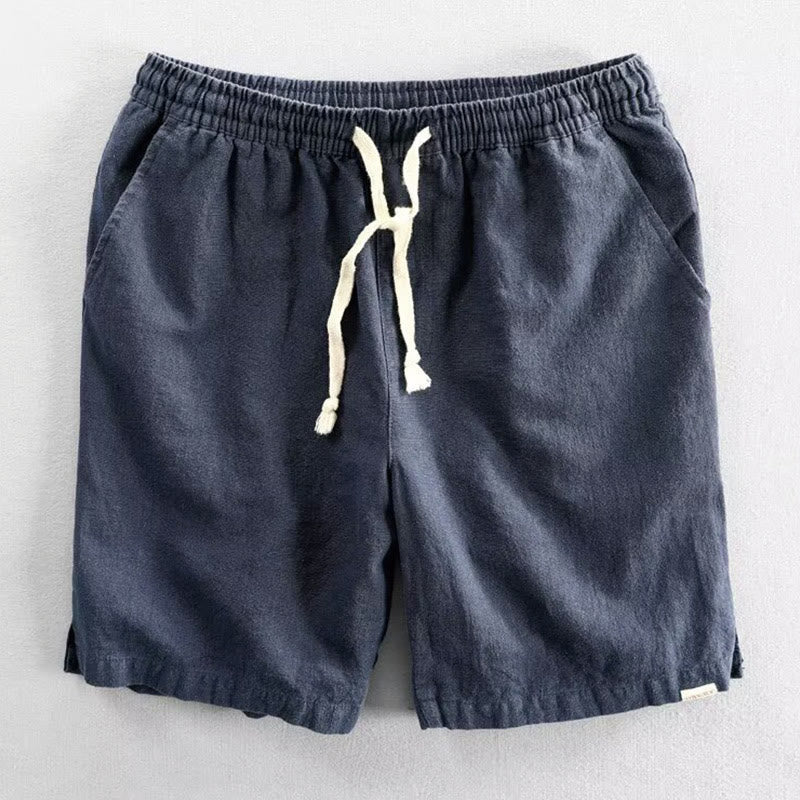Buddha Stones Drawstring Elastic Waist Cropped Cotton Linen Men's Shorts With Pockets