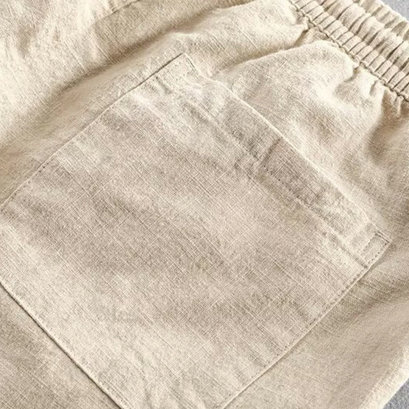Buddha Stones Drawstring Elastic Waist Cropped Cotton Linen Men's Shorts With Pockets